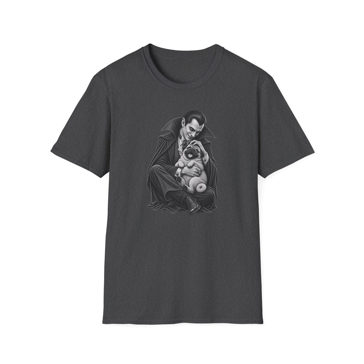 Vampire Holding Pug T‑Shirt — Gothic Cute Dog Tee