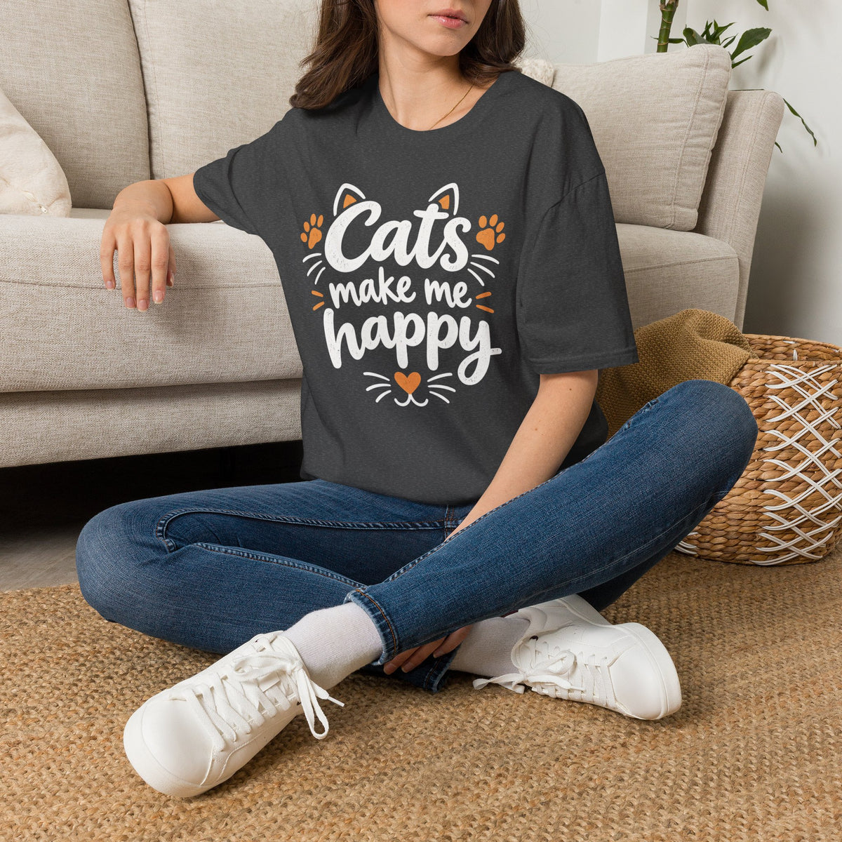 Cats make me happy T‑Shirt – Cute Paw Print & Heart Graphic Tee