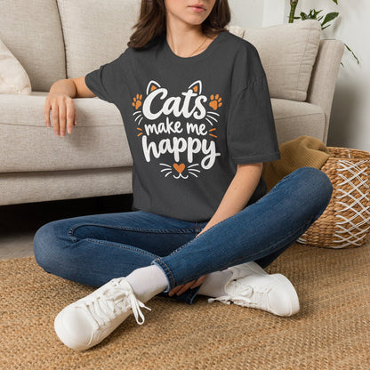 Cats make me happy T‑Shirt – Cute Paw Print & Heart Graphic Tee
