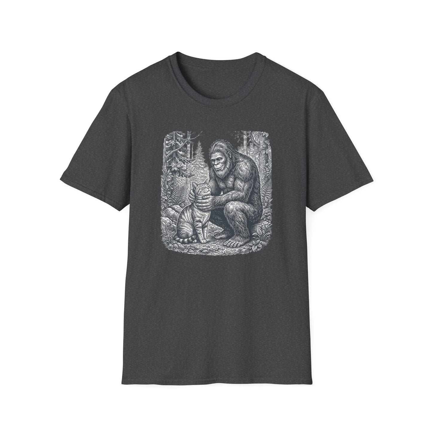 Bigfoot & Cat T-Shirt — Vintage Sasquatch Forest Illustration