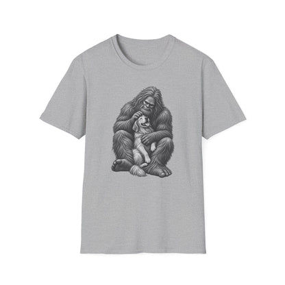 Bigfoot & Puppy Tee — Gentle Sasquatch Holding Dog Graphic T-Shirt
