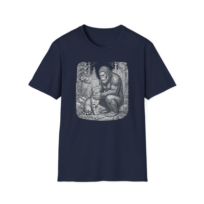 Bigfoot & Cat T-Shirt — Vintage Sasquatch Forest Illustration