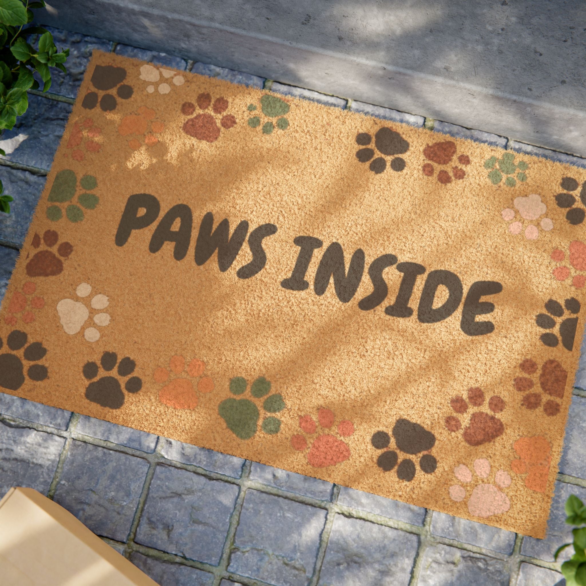 Doormat — "Paws Inside" Welcome Mat with Colorful Paw Print Border (Pet-Friendly Entryway)