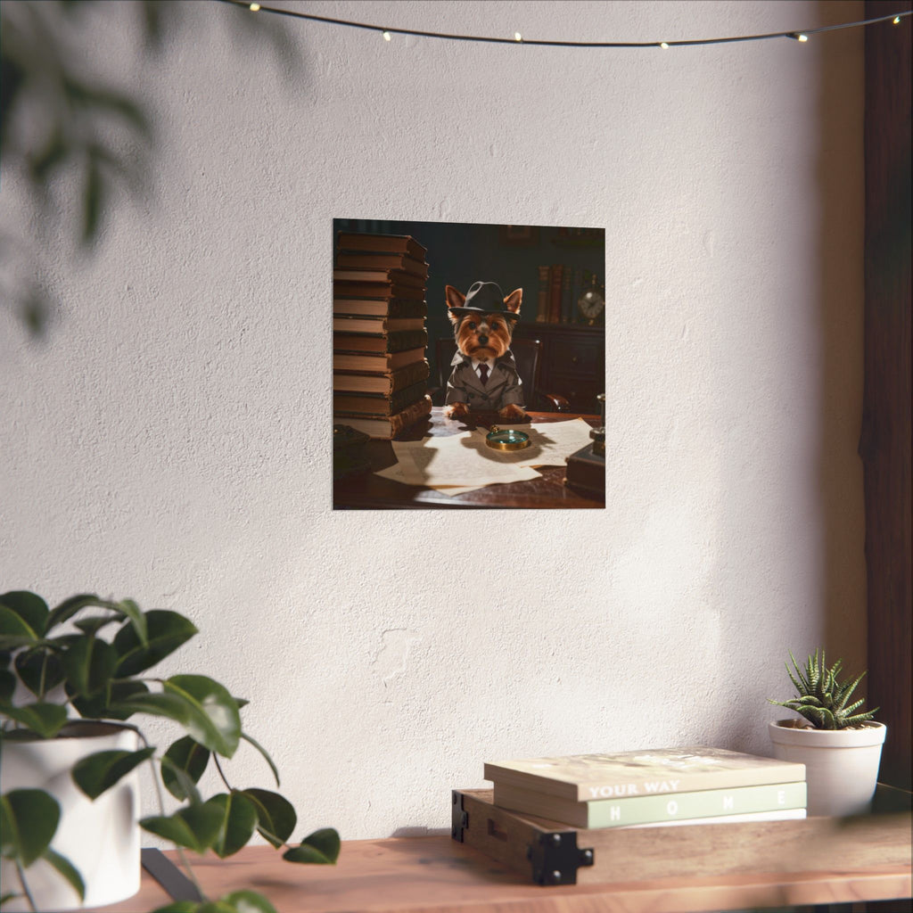 Detective Yorkie Poster — Cute Dog in Trench Coat Matte Vertical Art