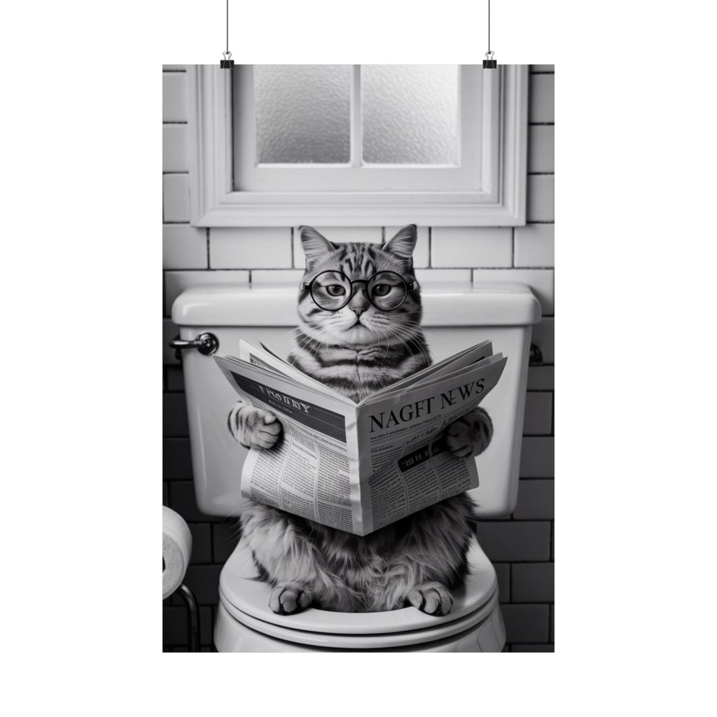 Cat Reading Newspaper Poster — Funny Black & White Matte Vertical Wall Art