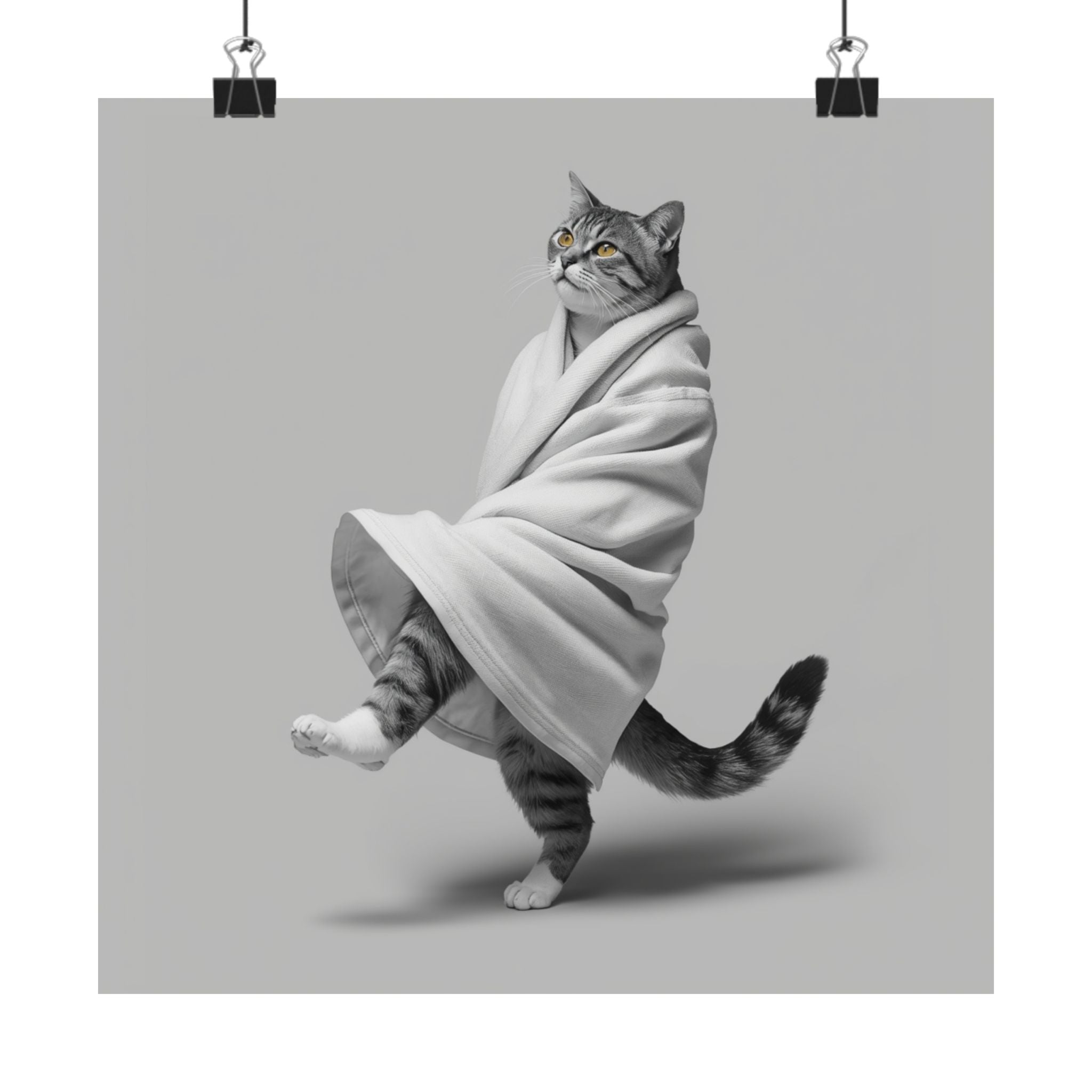 Dancing Cat Poster — Whimsical Cat Wrapped in Blanket Matte Print
