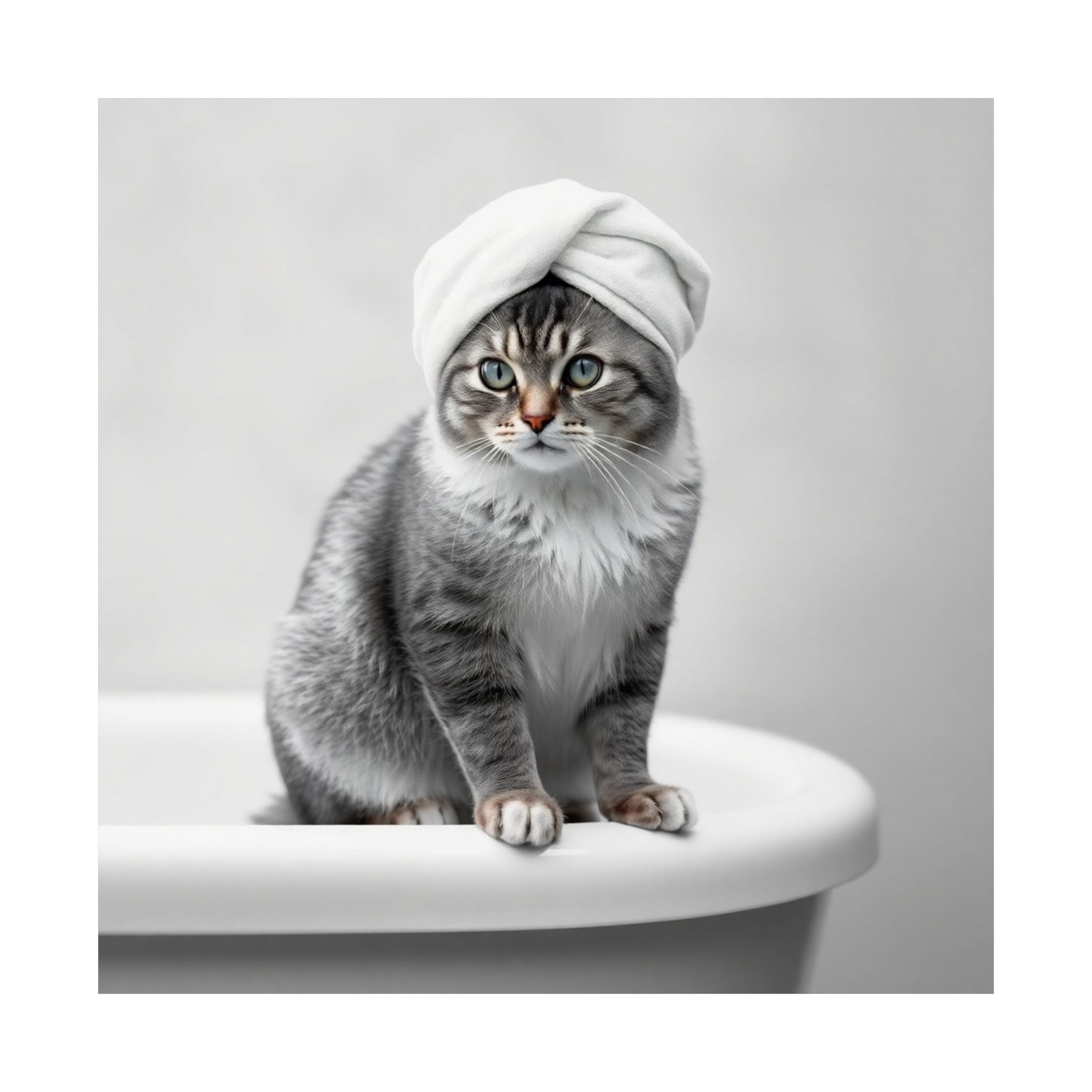 Cat Spa Poster — Cute Grey Cat with Towel on Bathtub Matte Vertical Art Print