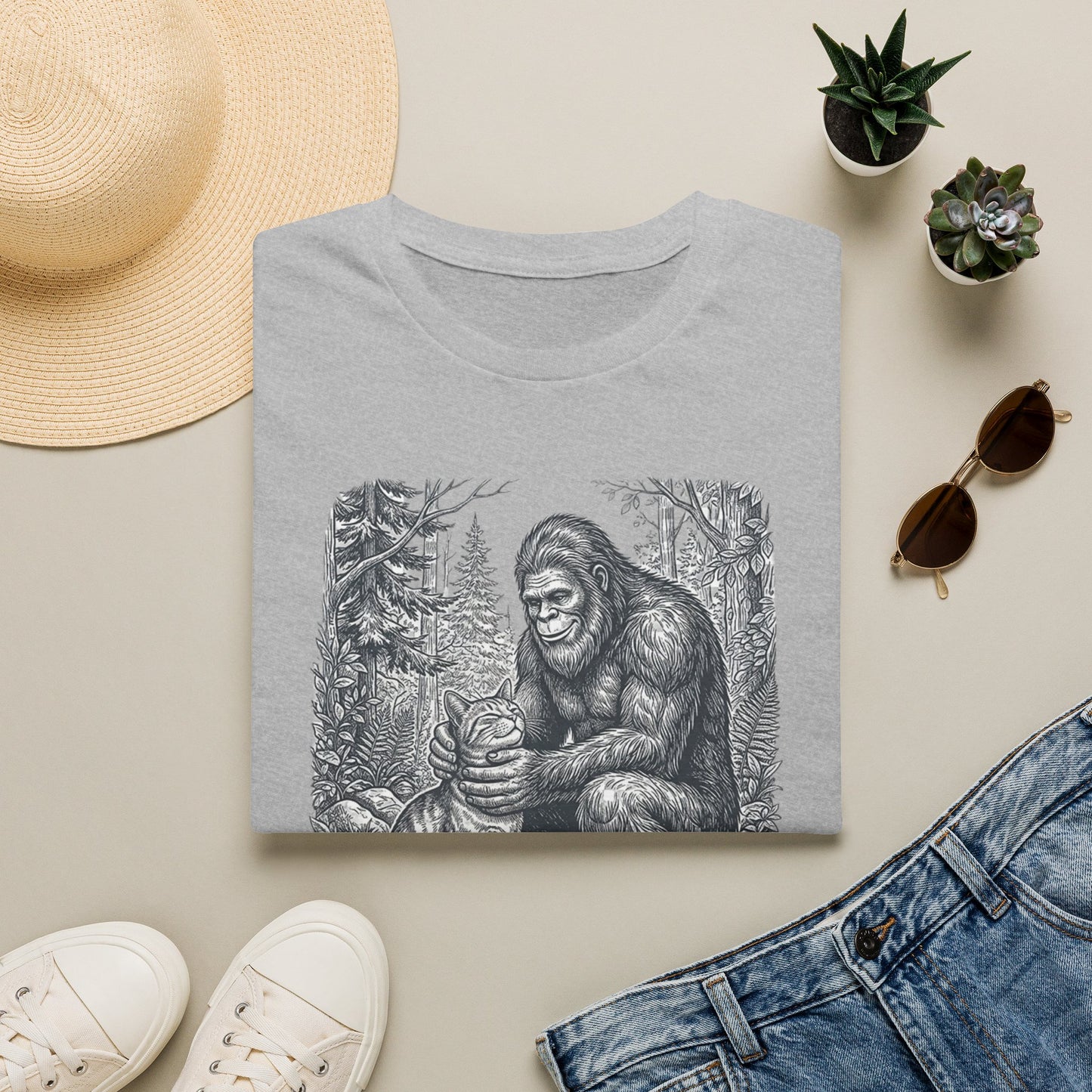 Bigfoot & Cat T-Shirt — Vintage Sasquatch Forest Illustration