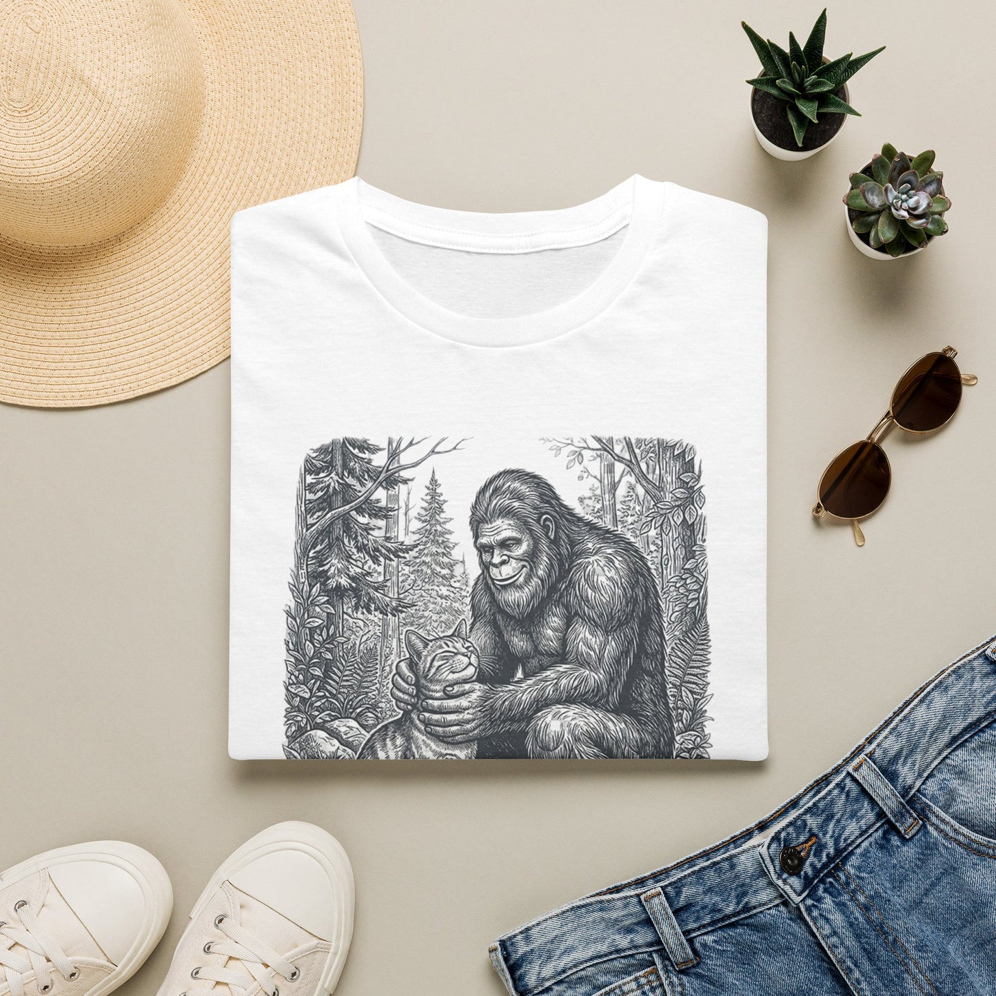 Bigfoot & Cat T-Shirt — Vintage Sasquatch Forest Illustration