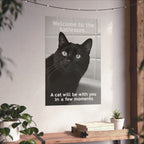 Funny Black Cat Bathroom Poster — "Welcome to the bathroom... A cat will be with you in a few moments" Matte Vertical Print