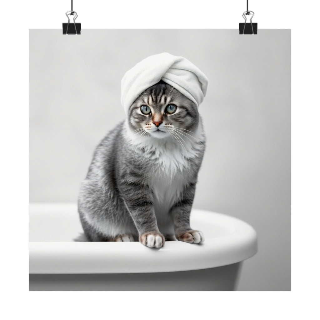 Cat Spa Poster — Cute Grey Cat with Towel on Bathtub Matte Vertical Art Print