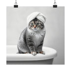 Cat Spa Poster — Cute Grey Cat with Towel on Bathtub Matte Vertical Art Print