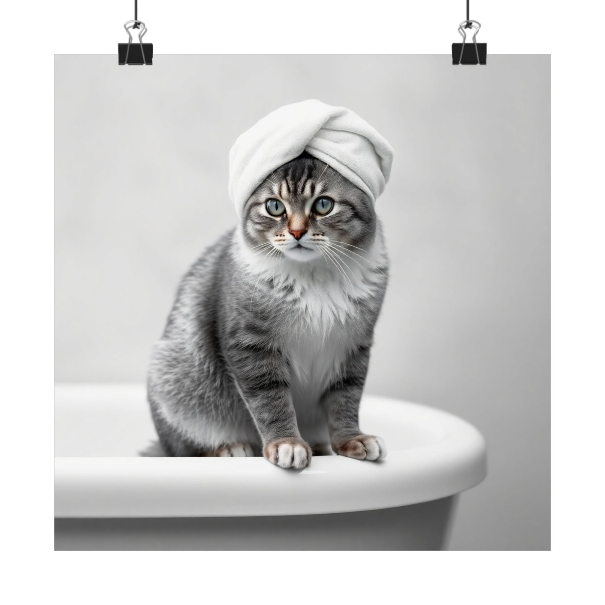 Cat Spa Poster — Cute Grey Cat with Towel on Bathtub Matte Vertical Art Print