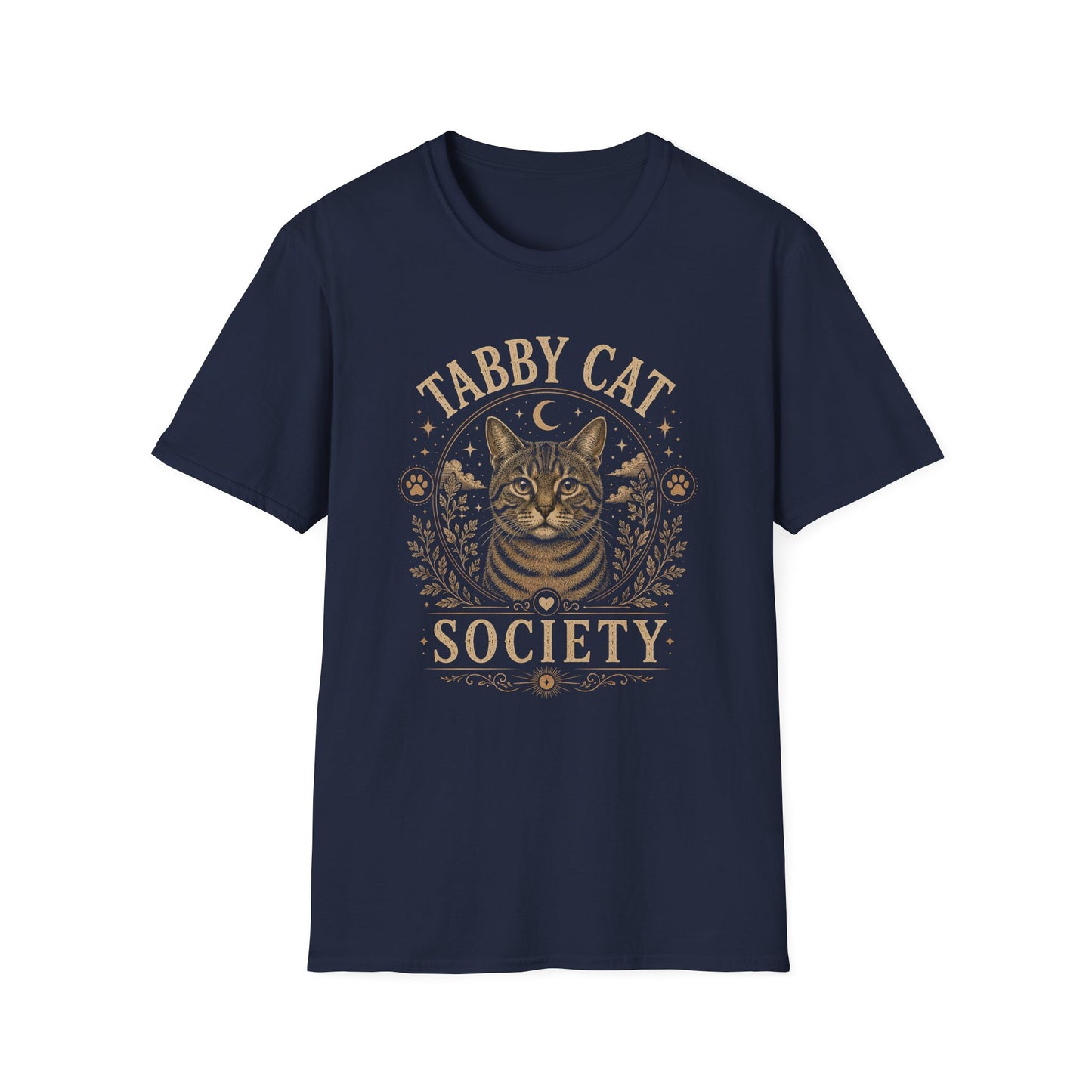 Tabby Cat Society T-Shirt — Vintage Moon & Paw Graphic Cat Lover Tee