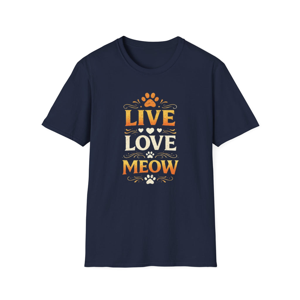 Live Love Meow T-Shirt — Cute Cat Paw Graphic Tee for Cat Lovers