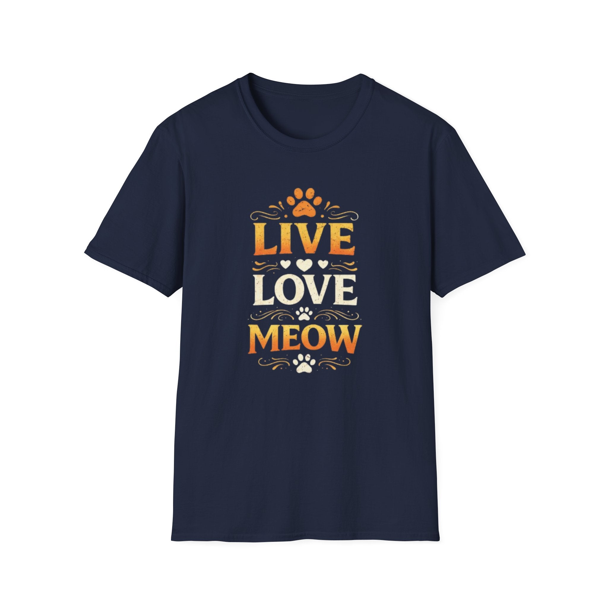 Live Love Meow T-Shirt — Cute Cat Paw Graphic Tee for Cat Lovers