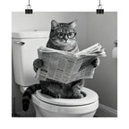 Digital download Cat Bathroom Poster – Funny Cat Reading Newspaper Wall Art, Quirky Black & White Matte Vertical Print