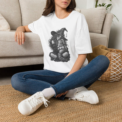Witch and Cat Graphic T-Shirt — Cozy Gothic Halloween Tee