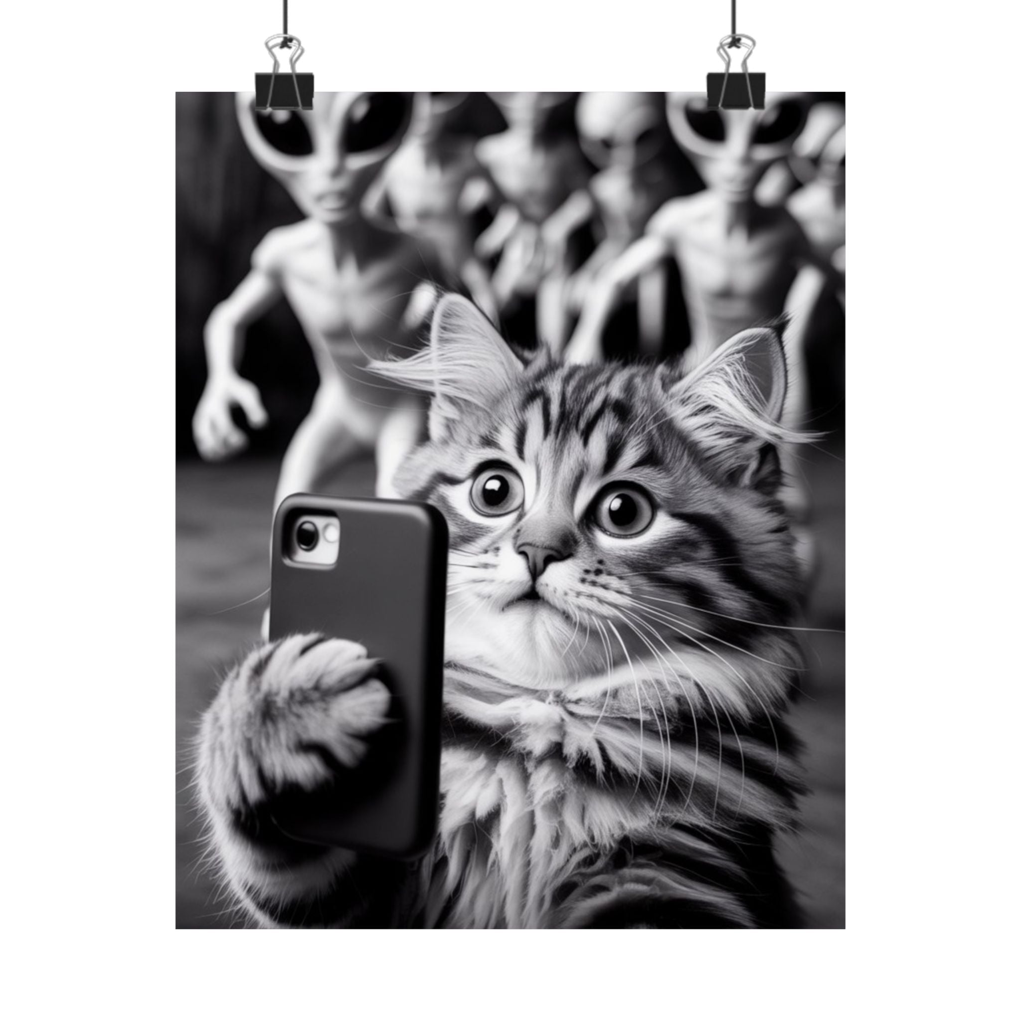 Funny Cat Selfie Poster — Matte Vertical Wall Art with Alien Photobomb