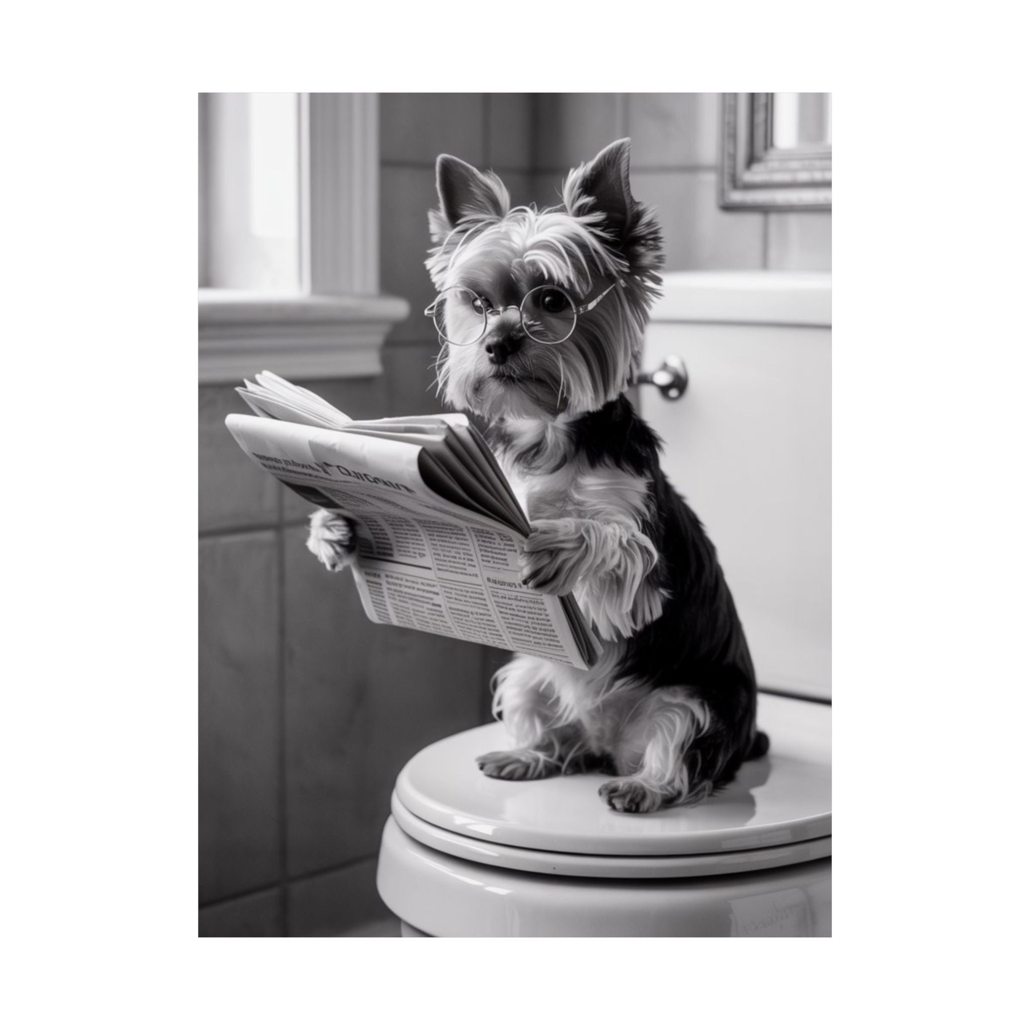 Digital download Funny Yorkie Reading Newspaper Poster — Matte Vertical Dog Wall Art
