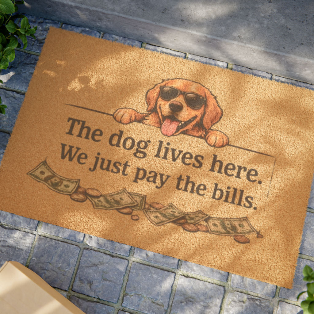 Doormat — “The Dog Lives Here, We Just Pay the Bills” Funny Welcome Mat (Dog Lover Gift)