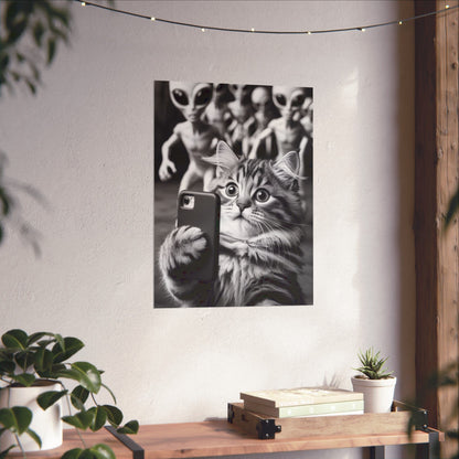 Funny Cat Selfie Poster — Matte Vertical Wall Art with Alien Photobomb