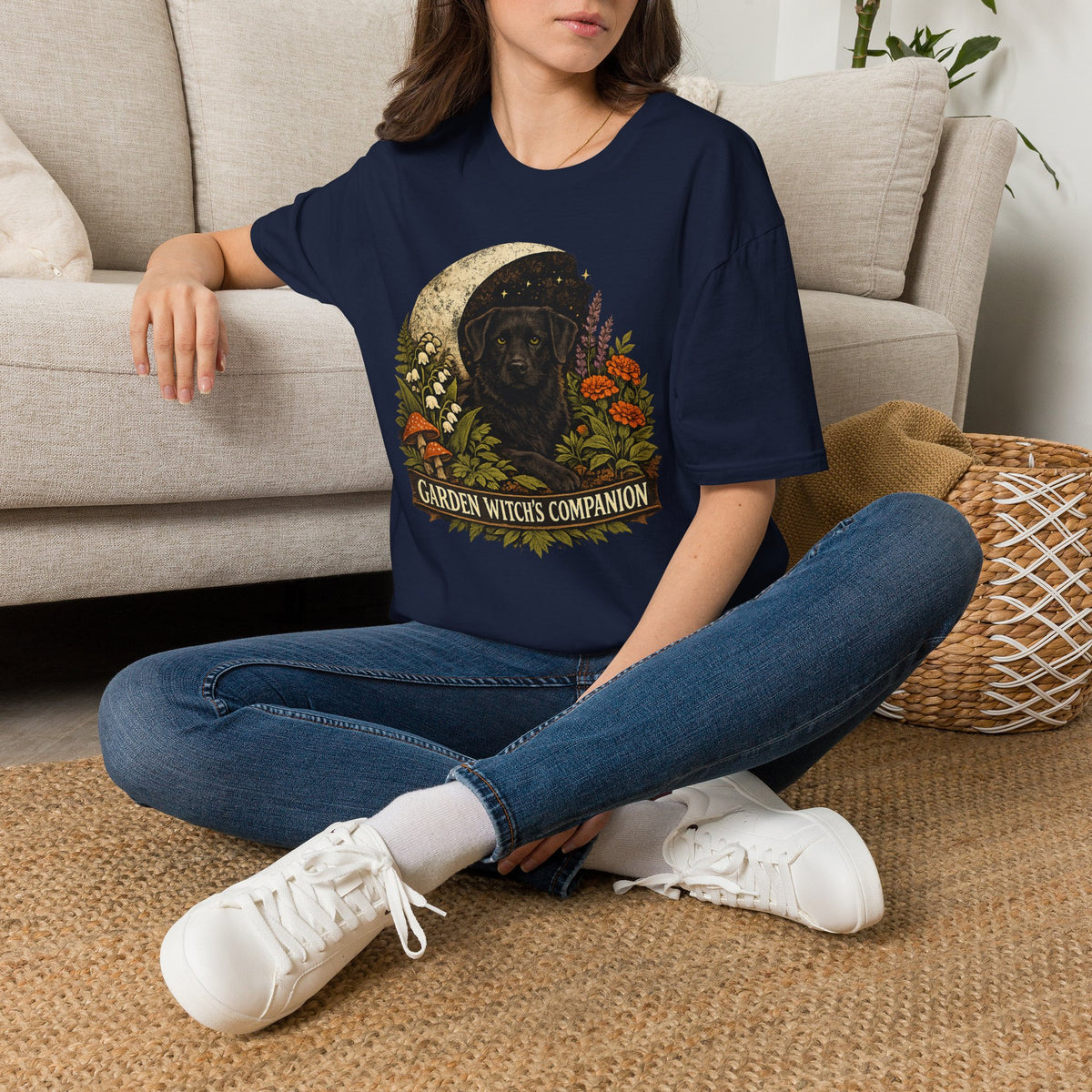 Witch’s Companion Black Dog T-Shirt — “Garden Witch’s Companion” Moon & Floral Tee