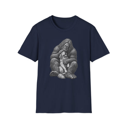 Bigfoot & Puppy Tee — Gentle Sasquatch Holding Dog Graphic T-Shirt